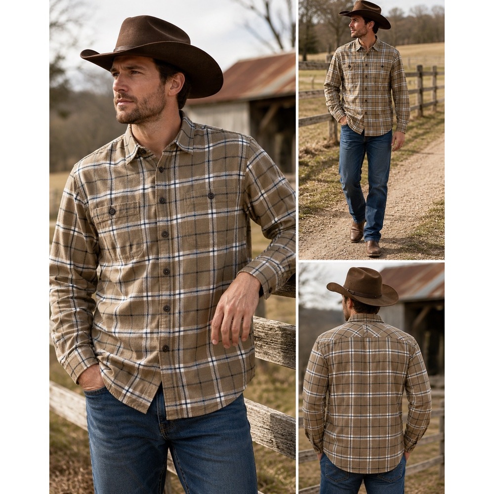 Wrangler Mens Tan Plaid Flannel Long Sleeve Button Down Shirt Large 100%‎ Cotton